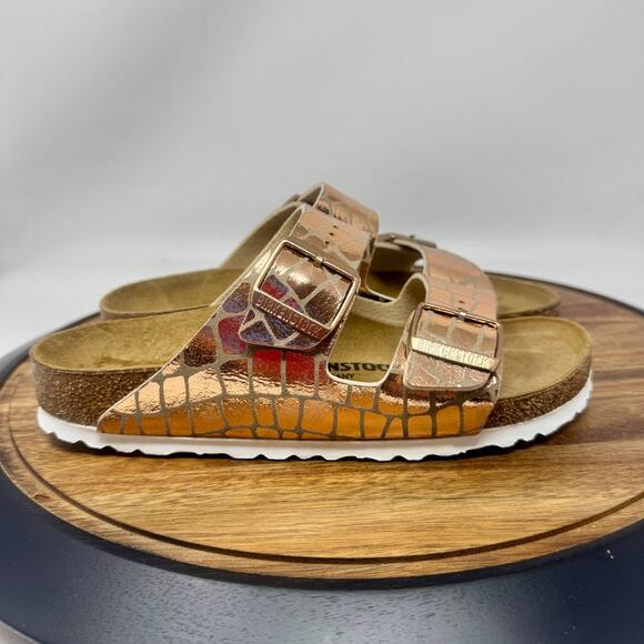 Birkenstock Arizona Gator Gleam Copper Slides Narrow Size 38 Women's 7 - Picture 1 of 9